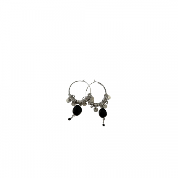 167 - Grande Cr�oles argent pierre onyx noir - LOUISE