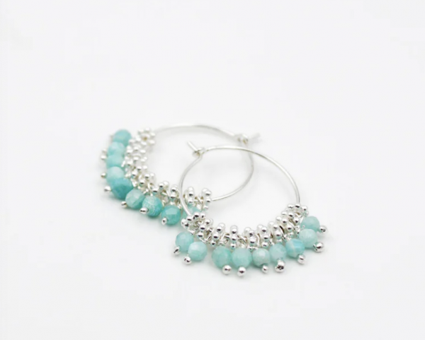 169 - Cr�oles argent grelots amazonite - LOUISE