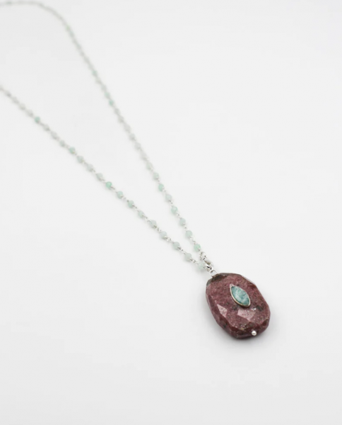 172 - Collier argent perles et pierre facet�e rhodonite - LOUISE