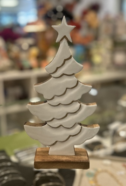Arbre d�co sur pied av/�toile, blanc/naturel, bois/�mail, 14x5x27cm