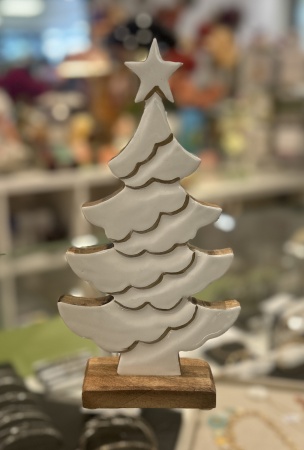 Arbre d&eacute;co sur pied av/&eacute;toile, blanc/naturel, bois/&eacute;mail, 14x5x27cm