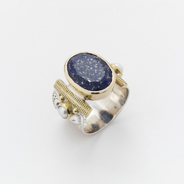 Bague CHEVALIERE LAPIS LAZULI en Argent et Laiton