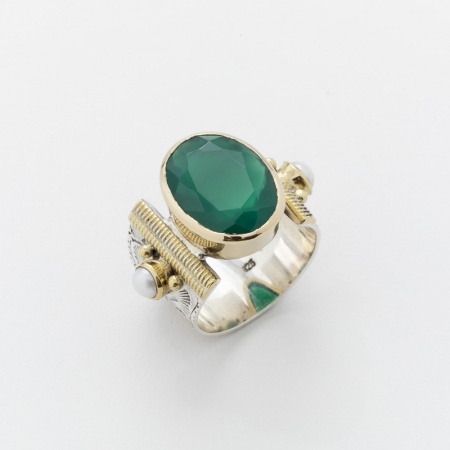 Bague CHEVALIERE QUARTZ VERT en Argent et Laiton