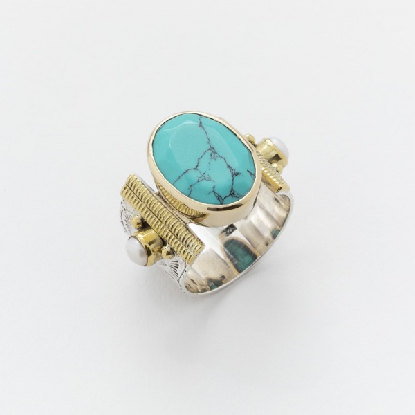 Bague CHEVALIERE TURQUOISE en Argent et Laiton