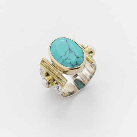 Bague CHEVALIERE TURQUOISE en Argent et Laiton