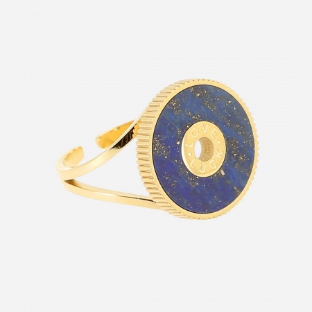 BAGUE LARGE -ACIER DORE-Lapis lazuli-