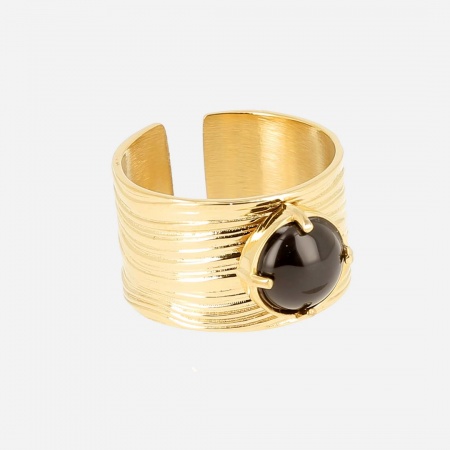 BAGUE LARGE -ACIER DORE-Onyx noir-12mm