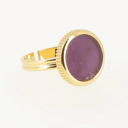 BAGUE LARGE-ACIER DORE-Amethyste-15mm