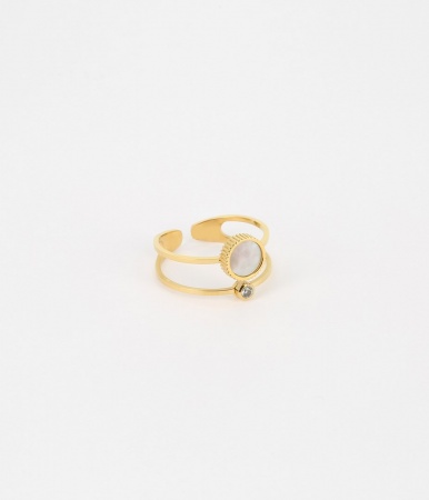 BAGUE LARGE-ACIER DORE-Nacre blanche-
