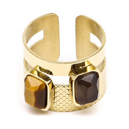BAGUE LARGE ACIER DORE oeil de tigre-quartz fume