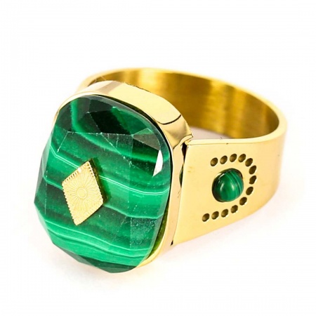 BAGUE LARGE-TAILLE-ACIER DORE-Malachite-7-8-9