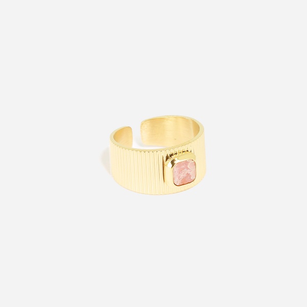 BAGUE MEDIUM-ACIER DORE-Rhodonite-10mm