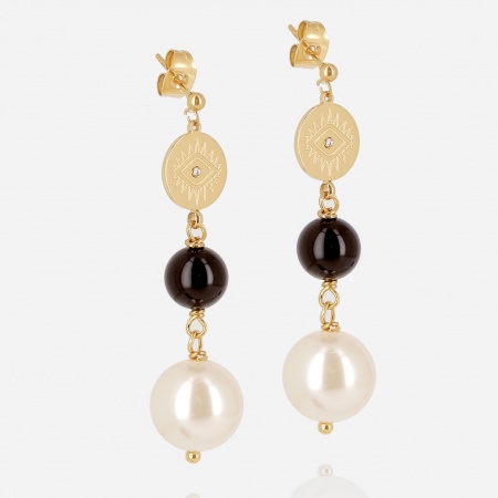 BOUCLE D OREILLE LONG-ACIER DORE-Onyx noir-Perle-p:12mm