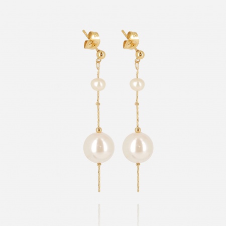 BOUCLE D OREILLE LONG-ACIER DORE-Perle de culture