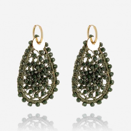 BOUCLE D\'OREILLE-LONG-ACIER DORE-perle de verre