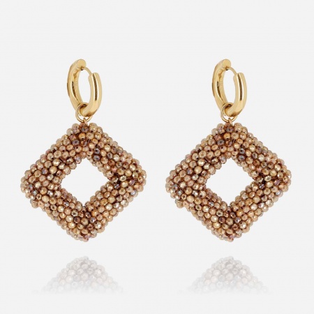 BOUCLE D\'OREILLE-LONG-ACIER DORE-perles de verre