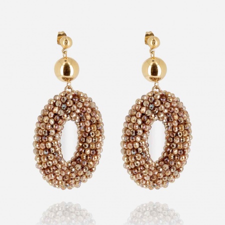 BOUCLE D\'OREILLE-LONG-ACIER DORE-perles de verre