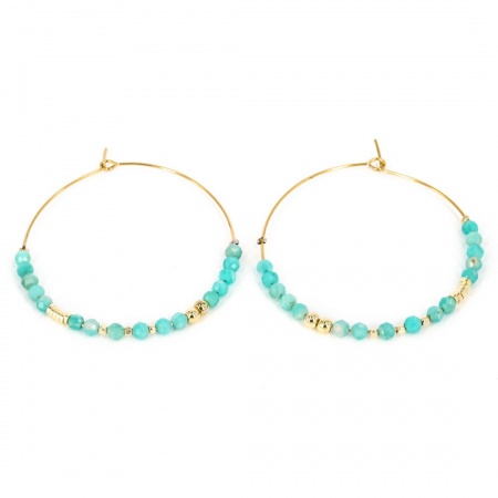 BOUCLES D OREILLES CREOLE ACIER DORE AQUA AMAZONITE