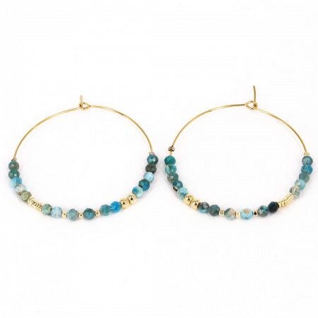 BOUCLES D OREILLES CREOLE ACIER DORE BLEU APATITE