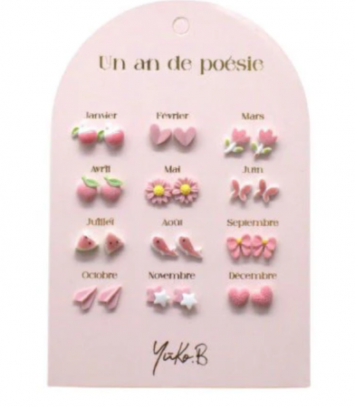 Boucles d\'oreilles Un an de poésie Rose 12 Paires