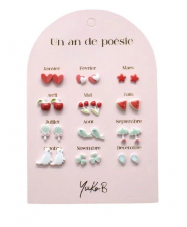 Boucles d\'oreilles Un an de poésie Rouge 12 Paires