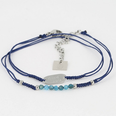 BRACELET - MULTI - Argenté-Lacets Bleus marine-charms \ Good-luck\  argenté