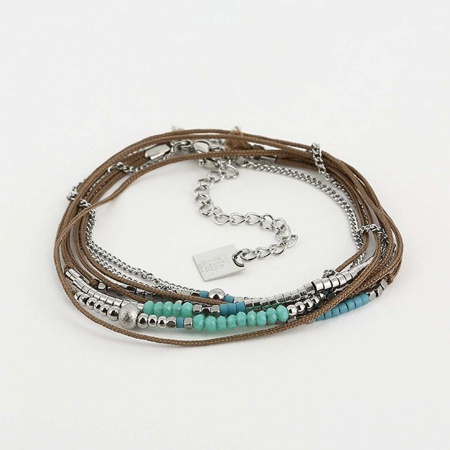 BRACELET - MULTI - Argenté-Lacets-Marrons-Perles Bleues