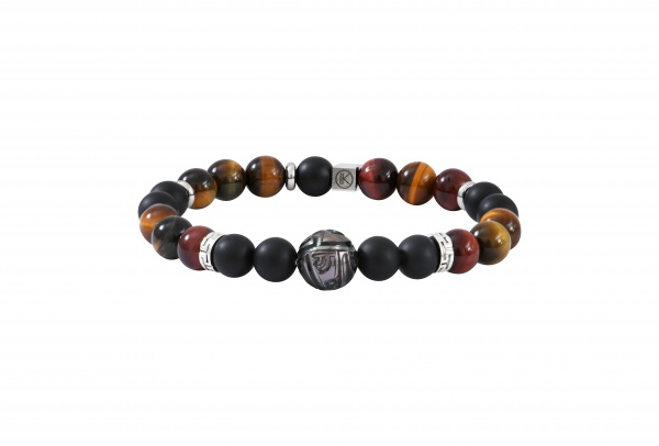 Bracelet  3 oeil (oeil de taureau, de tigre et de faucon) agate noire d�poli et perle de Tahiti grav�e