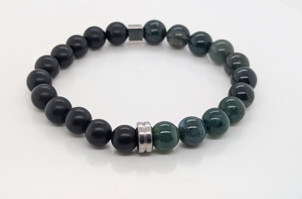 Bracelet agate mousse et agate noire d�poli 8mm