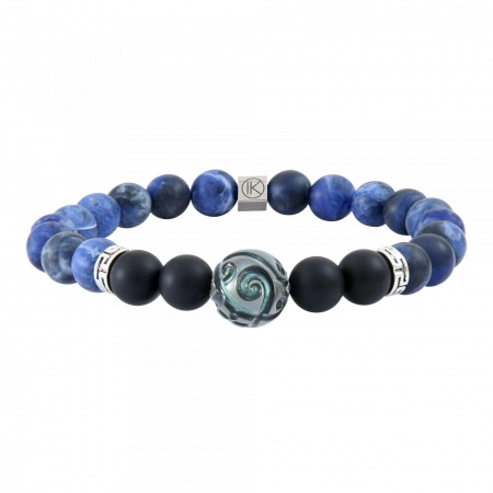 Bracelet agate noire, sodalite 8mm  et perle de Tahiti grave