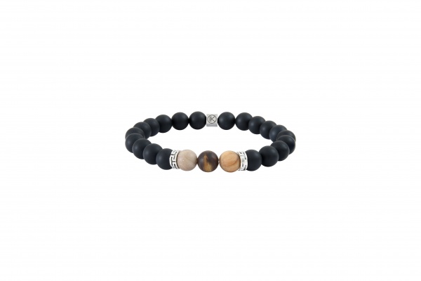 Bracelet agate noire et bois fossilis� 8mm