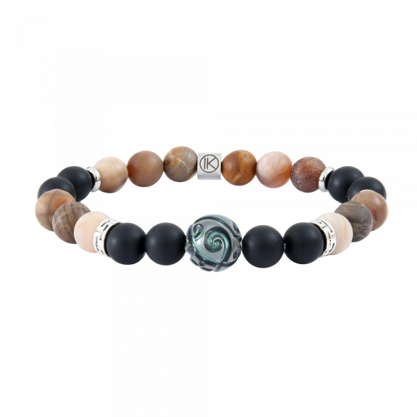 Bracelet bois fossilis�, agate noire 8mm et perle de Tahiti grav�e