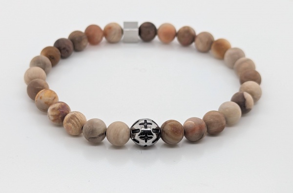 Bracelet bois fossilis� et motif central acier 6mm