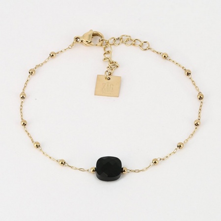 BRACELET COURT-ACIER DORE-Onyx noir-15+3cm