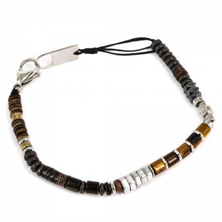 BRACELET COURT ACIER MARRON ONYX-OEIL DE TIGRE