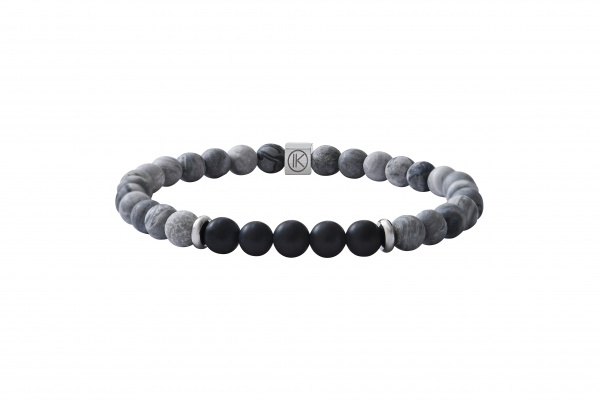 Bracelet en jaspe de paysage gris d�poli et agate noir d�poli 6mm