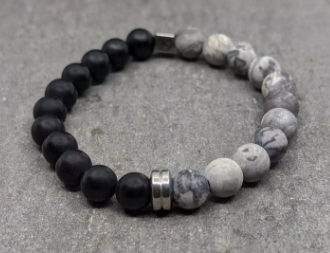 Bracelet jaspe paysage gris d�poli et agate noire d�poli 8mm