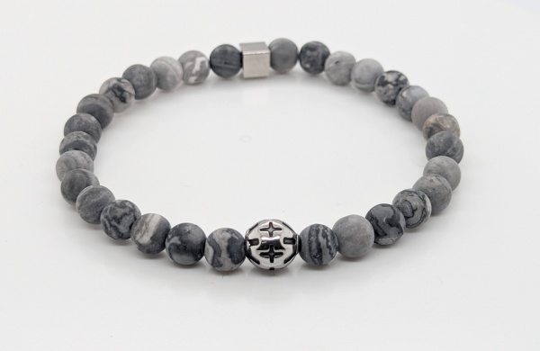 Bracelet jaspe paysage gris d�poli et motif central acier 6mm