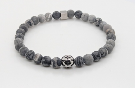Bracelet jaspe paysage gris dépoli et motif central acier 6mm