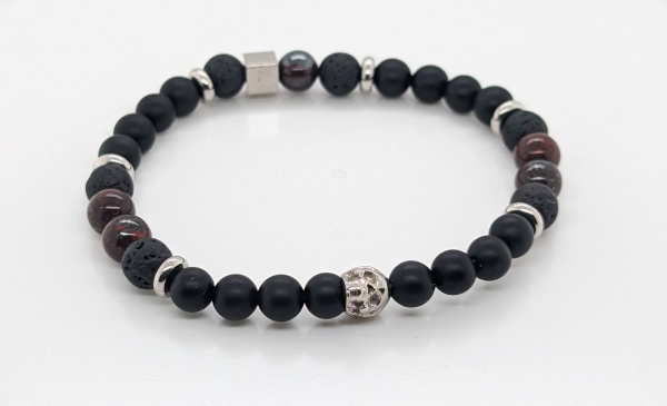 Bracelet jaspe paysage gris d�poli et perle de lave 8mm