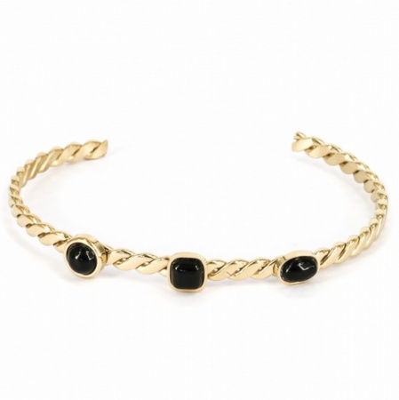 BRACELET JONC ACIER DORE NOIR ONYX NOIR