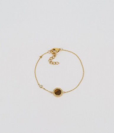 BRACELET-Louise-ACIER DORE-zirconium-oeil de tigre-15+3cm p:9mm