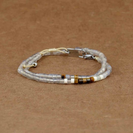 BRACELET MULTI-ACIER-Agate grise-2 tours reglable
