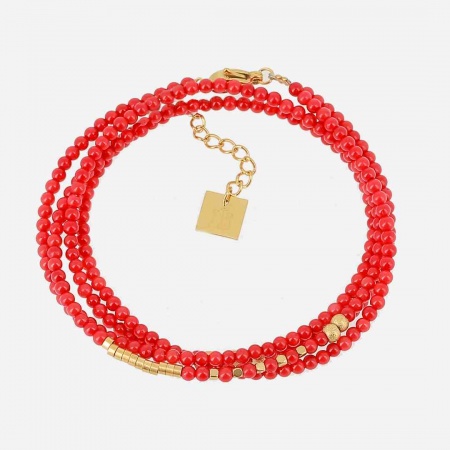 BRACELET MULTI ACIER DORE Corail rouge 2 tours reglable