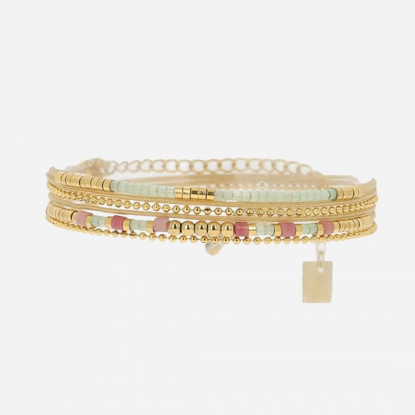 BRACELET MULTI ACIER DORE mix pierres 2 tours reglable