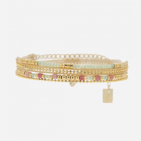 BRACELET MULTI ACIER DORE mix pierres 2 tours reglable