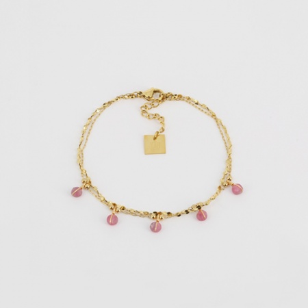 BRACELET MULTI-ACIER DORE-Quartz rose-15+3cm