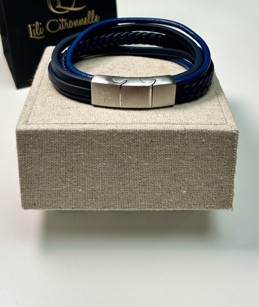 BRACELET MULTIRANG  pour Homme 4 rangs CUIR TRESSE bleu fermoir Slider aimant�