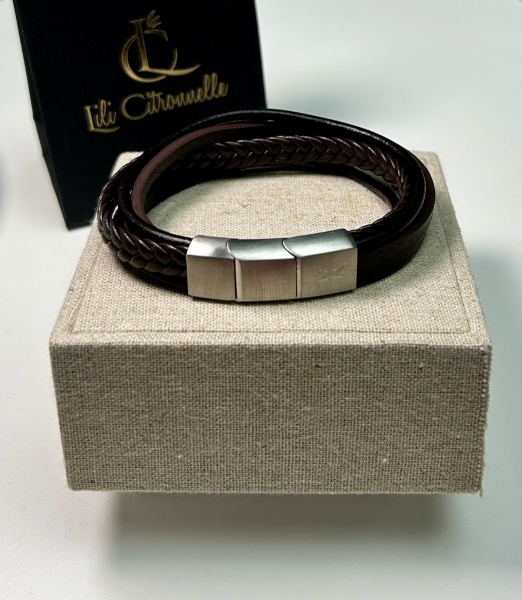 BRACELET MULTIRANG  pour Homme 4 rangs CUIR TRESSE marron fermoir Slider aimant�