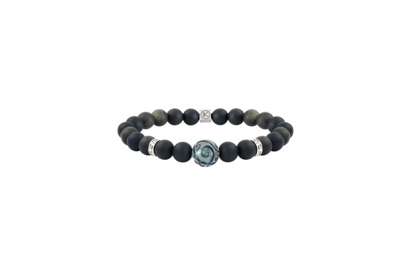 Bracelet obsidienne dor�e 8mm et perle de Tahiti grav�e